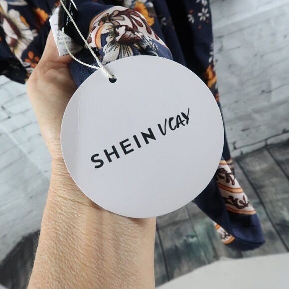 SHEIN CURVE BLUE FLORAL V NECK SHORT SLEEVE VACATIONMIDI DRESS SIZE 3XL NWT - Picture 4 of 10